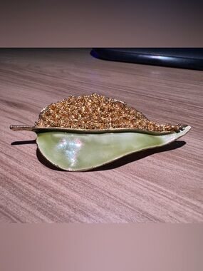 Vintage Gold Crystal and Green Enamel Leaf Brooch